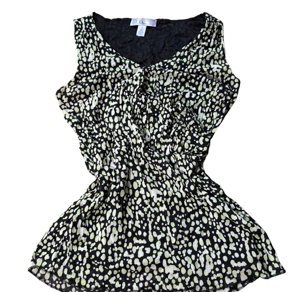 Y2K Micromesh Animal Print Green Black Abstract Mesh Sleeveless V-Neck Top Med